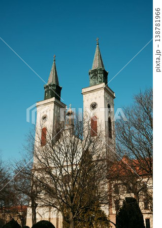 Twin church towers with clocks rising above trees against blue sky in Sombor, Serbia. Religious landmark and travel destination in European city 138781966
