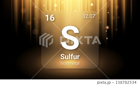Sulfur (S) (016) Nonmetal, Glass Morphism Element Futuristic Neon Light Glow Background Periodic Table, Chemical Symbol, Name, Atomic Mass, Atomic Number, Vector Illustration 138782534