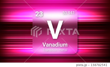 Vanadium (V) (023) Transition Metal, Glass Morphism Element Futuristic Neon Light Glow Background Periodic Table, Chemical Symbol, Name, Atomic Mass, Atomic Number, Vector Illustration 138782541