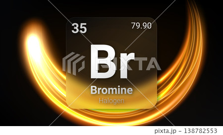 Bromine (Br) (035) Halogen, Glass Morphism Element Futuristic Neon Light Glow Background Periodic Table, Chemical Symbol, Name, Atomic Mass, Atomic Number, Vector Illustration 138782553