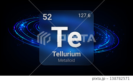 Tellurium (Te) (052) Metalloid, Glass Morphism Element Futuristic Neon Light Glow Background Periodic Table, Chemical Symbol, Name, Atomic Mass, Atomic Number, Vector Illustration 138782571