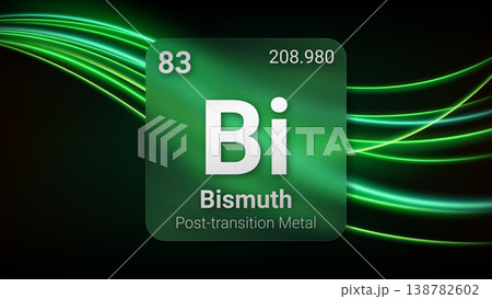 Bismuth (Bi) (083) Post Transition Metal, Glass Morphism Element Futuristic Neon Light Glow Background Periodic Table, Chemical Symbol, Name, Atomic Mass, Atomic Number, Vector Illustration 138782602
