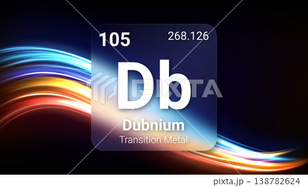 Dubnium (Db) (105) Transition Metal, Glass Morphism Element Futuristic Neon Light Glow Background Periodic Table, Chemical Symbol, Name, Atomic Mass, Atomic Number, Vector Illustration 138782624