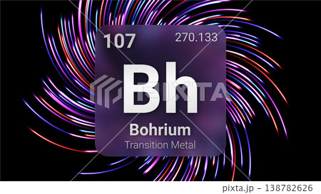 Bohrium (Bh) (107) Transition Metal, Glass Morphism Element Futuristic Neon Light Glow Background Periodic Table, Chemical Symbol, Name, Atomic Mass, Atomic Number, Vector Illustration Bohrium (Bh) (107) Transition Metal, Glass Morphism Element Futuristic Neon Light Glow Background Periodic Table, Chemical Symbol, Name, Atomic Mass, Atomic Number, Vector Illustration 138782626