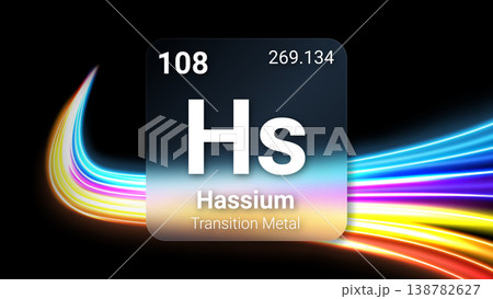 Hassium (Hs) (108) Transition Metal, Glass Morphism Element Futuristic Neon Light Glow Background Periodic Table, Chemical Symbol, Name, Atomic Mass, Atomic Number, Vector Illustration Hassium (Hs) (108) Transition Metal, Glass Morphism Element Futuristic Neon Light Glow Background Periodic Table, Chemical Symbol, Name, Atomic Mass, Atomic Number, Vector Illustration 138782627