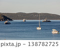 Calm sea bay with scattered vessels yacht sailboat motorboat naval ship green island clear sky evening sunlight. Tranquil coastal landscape travel freedom relaxation and peaceful maritime atmosphere 138782725
