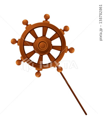 Cartoon caribbean pirate ship steering wheel photo booth mask. Buccaneer or privateer sailboat element, corsair sailor kids photo booth vector prop. Pirate party mask with sail vessel steer wheel 138782861
