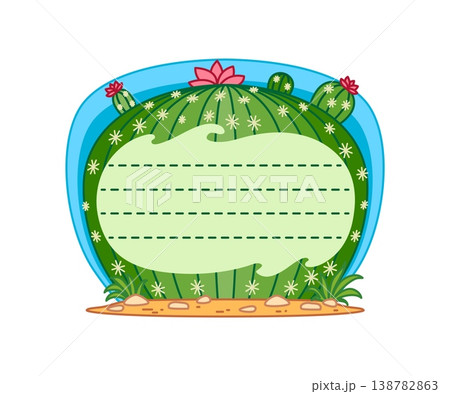Cactus succulent plant kids memo note frame. Tropical flora kid diary sticker, exotic plant scrapbook vector label. Prickly cactus succulent child schedule memo note or desert blooming cacti frame 138782863