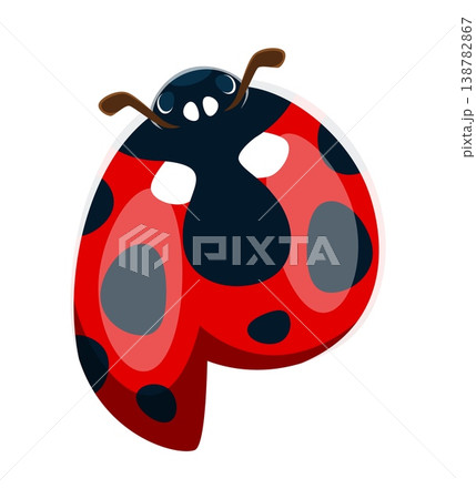 Ladybug beetle font typeset cartoon letter P. Spring ladybird typeface symbol, cute ladybug beetle type vector element. Red insect kids ABC font letter or garden lady bug English alphabet typeset sign 138782867