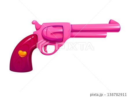 Cowgirl pink revolver icon. Vintage western handgun in side view with barrel cylinder, trigger, hammer, grip and heart on handle. Isolated cartoon vector disco cowboy gun feminine western accessory Cowgirl pink revolver icon. Vintage western handgun in side view with barrel cylinder, trigger, hammer, grip and heart on handle. Isolated cartoon vector disco cowboy gun feminine western accessory 138782911