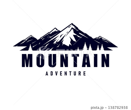 Mountain peak icon, tourism and travel symbol. Wild terrain travel agency vector symbol, Alps tourism emblem. Hiking and climbing adventure icon with mountain snowy peaks, spruce trees silhouettes Mountain peak icon, tourism and travel symbol. Wild terrain travel agency vector symbol, Alps tourism emblem. Hiking and climbing adventure icon with mountain snowy peaks, spruce trees silhouettes 138782938