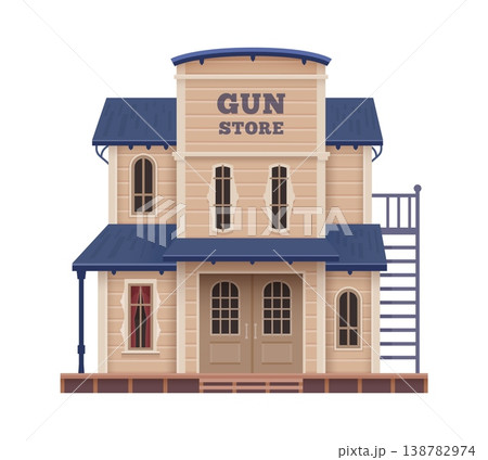Western town gun store cartoon building. US history city two storey building, Texas Western town vector home porch. American Wild West gun store house facade or USA ancient wooden construction 138782974