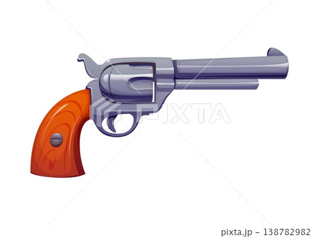 Wild West revolver pistol game cartoon icon. USA Western fantasy game object, US history videogame vector icon. Texas Wild West mobile gaming item or American sheriff computer arcade object Wild West revolver pistol game cartoon icon. USA Western fantasy game object, US history videogame vector icon. Texas Wild West mobile gaming item or American sheriff computer arcade object 138782982