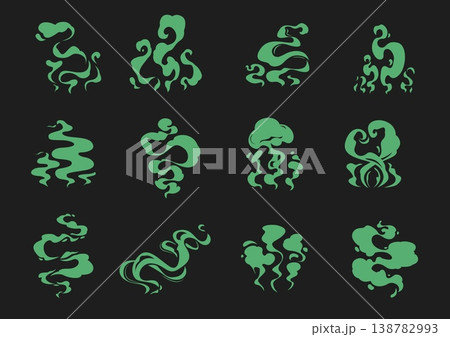 Bad green smell, fart cloud, stink and poison smoke. Poison stinky gas cartoon vector puff, stench steam burst comic effects collection. Fart bad smell cloud element or toxic green smoke shapes set 138782993