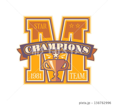 American varsity sport yellow and orange letter M college league patch label. College sport club varsity symbol, school league typography vector patch with golden cup, stars, ribbon and typography 138782996