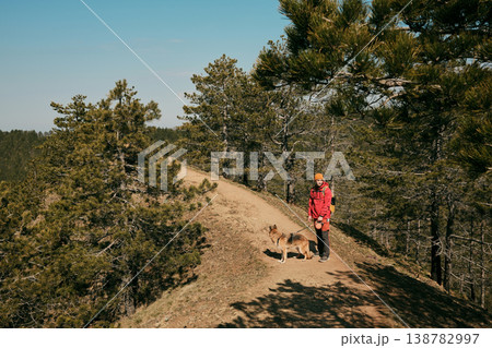 Man hiking with german shepherd dog on a mountain ridge trail in Divcibare Serbia surrounded by pine forest landscape. Outdoor travel and adventure lifestyle concept 138782997