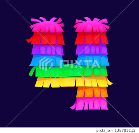 Cartoon pinata font number four, Mexican holiday alphabet, abc typeface. Vector 4 math symbol with layered bright paper fringe. Rainbow arithmetic sign for early kid learning, birthday or fiesta party 138783112