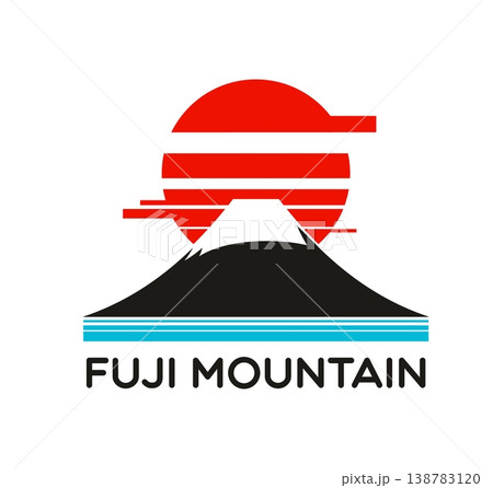 Japanese Fuji mountain peak and glacier icon. Japan Fujiyama mountain, Asian travel line icon or pictogram. Japanese landmark, Asia journey vector sign with Fuji mount snowy peak, red sun and water 138783120
