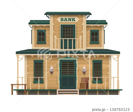 Western town bank cartoon building. USA Wild West architecture house facade, American ancient bank vector two storey building. Texas Western town home porch or US history city wooden construction Western town bank cartoon building. USA Wild West architecture house facade, American ancient bank vector two storey building. Texas Western town home porch or US history city wooden construction 138783123