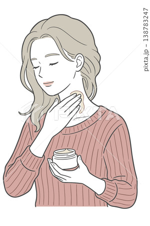 首にクリームを塗る女性 スキンケアと保湿の美容イラスト 138783247