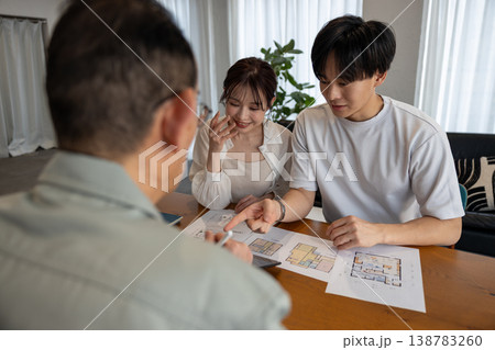 家造りの事を業者に相談している若いカップル 家造りの事を業者に相談している若いカップル 138783260