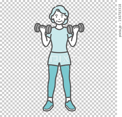 笑顔でダンベルトレーニングをするシニア女性のイラスト 笑顔でダンベルトレーニングをするシニア女性のイラスト 138783318