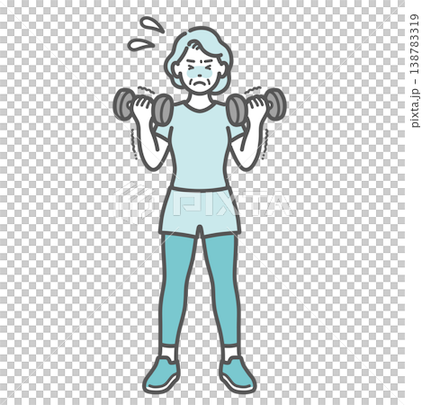 辛そうにダンベルトレーニングをするシニア女性のイラスト 138783319