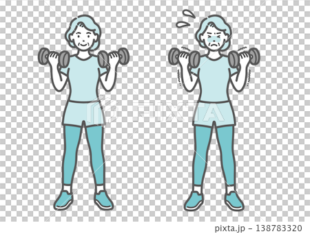 ダンベルトレーニングをするシニア女性の比較セットイラスト ダンベルトレーニングをするシニア女性の比較セットイラスト 138783320
