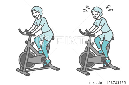 フィットネスバイクを漕ぐシニア女性の比較セットイラスト フィットネスバイクを漕ぐシニア女性の比較セットイラスト 138783326