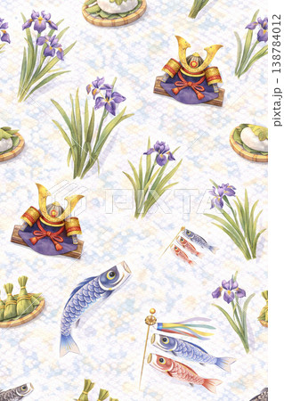 こどもの日シリーズ：兜と菖蒲と柏餅の和柄パターン 138784012