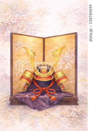 こどもの日シリーズ：金屏風と兜の和風構図 138784034