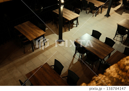 Wooden tables and chairs stand empty on a tiled outdoor terrace under warm evening lights in Mostar, Bosnia and Herzegovina. Quiet nighttime atmosphere of an outdoor cafe after closing hours Wooden tables and chairs stand empty on a tiled outdoor terrace under warm evening lights in Mostar, Bosnia and Herzegovina. Quiet nighttime atmosphere of an outdoor cafe after closing hours 138784147