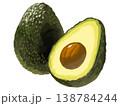 成熟前の緑のアボカド丸ごと1個と半分カット 138784244