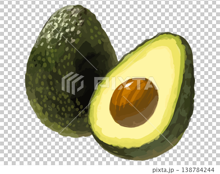 成熟前の緑のアボカド丸ごと1個と半分カット 138784244