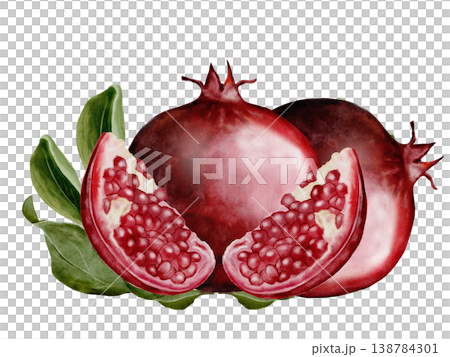 Pomegranate fruit watercolor. Realistic botanical illustration on a white background. Perfect for packaging design, organic cosmetics, invitations, and wellness branding. Handmade. 138784301