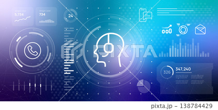 customer support and communication concept head with headset contact icons on digital dashboard with data visualization for call center performance monitoring and telemarketing customer support and communication concept head with headset contact icons on digital dashboard with data visualization for call center performance monitoring and telemarketing 138784429