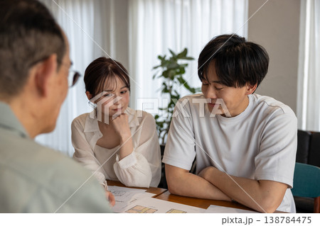 家造りの事を業者に相談している若いカップル 家造りの事を業者に相談している若いカップル 138784475