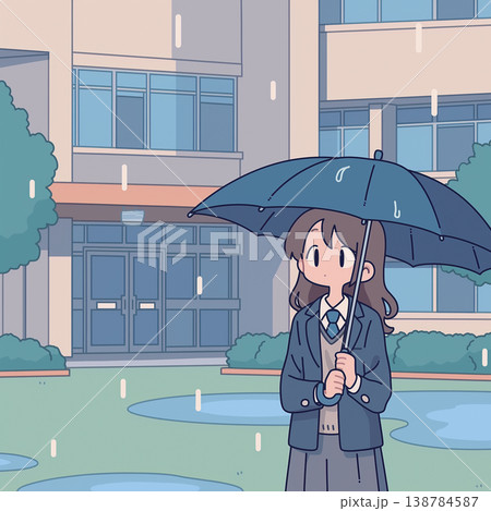 校舎を背景に傘を手にした学生が佇む様子を描いたイラスト、日常の中にある静寂と時間の流れを感じさせる 138784587