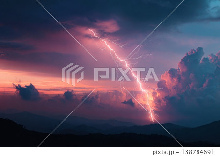 A storm forms over mountains as lightning flashes in the sky at sunset with dark clouds and colorful light 138784691