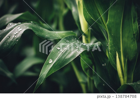 Corn plants stand tall in the field with water droplets on the green leaves after a rainfall. The scene captures nature's freshness in the crops Corn plants stand tall in the field with water droplets on the green leaves after a rainfall. The scene captures nature's freshness in the crops 138784708