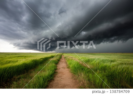 A dirt path stretches through a green field as dark clouds fill the sky signifying an incoming storm in the afternoon 138784709