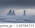 Waves crash on a beach as tall rocks rise from the sea under a cloudy sky with birds flying above 138784735