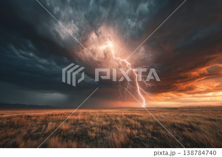 Dark clouds fill the sky as bright lightning lights up the horizon over the grassland at sunset. The scene shows nature's power 138784740