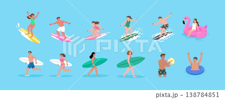 Summer Beach Activities and Surfing Vector Character Set 138784851