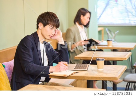 カフェ風のコワーキングスペースでノートパソコンを使い作業する男女 カフェ風のコワーキングスペースでノートパソコンを使い作業する男女 138785035