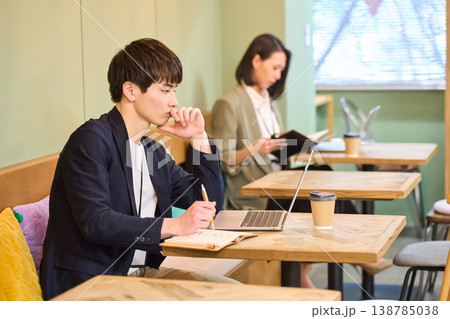 カフェ風のコワーキングスペースでノートパソコンを使い作業する男女 カフェ風のコワーキングスペースでノートパソコンを使い作業する男女 138785038
