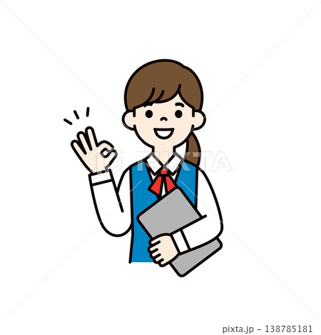 パソコンを持って了解のサインをする、制服を着た女性社員・事務員の上半身ベクターイラスト素材 138785181