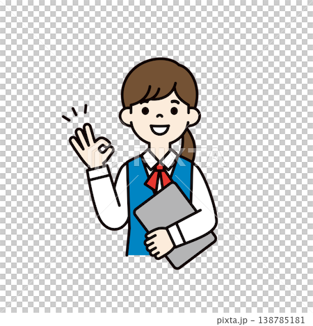 パソコンを持って了解のサインをする、制服を着た女性社員・事務員の上半身ベクターイラスト素材 138785181