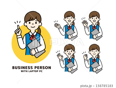 パソコンを手に様々なポーズをとる、若い女性社員・事務員の上半身ベクターイラスト素材セット 138785183