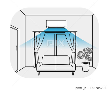 エアコンが稼働しているリビングルーム ソファと観葉植物　室内風景 線画 138785297